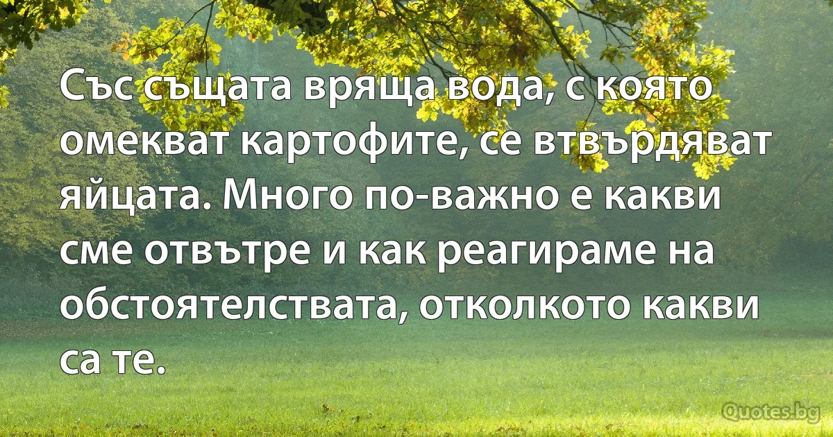 Със същата вряща вода, с която омекват картофите, се втвърдяват яйцата. Много по-важно е какви 
сме отвътре и как реагираме на обстоятелствата, отколкото какви са те. (INZ BG)