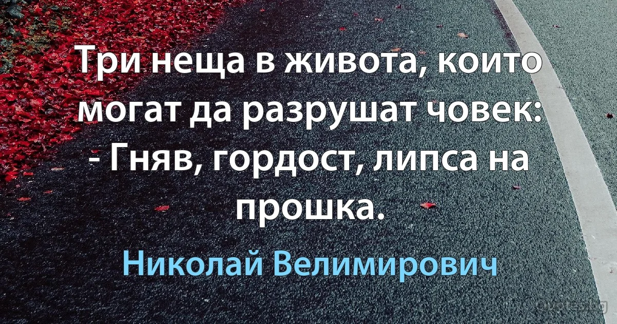 Три неща в живота, които могат да разрушат човек:
- Гняв, гордост, липса на прошка. (Николай Велимирович)