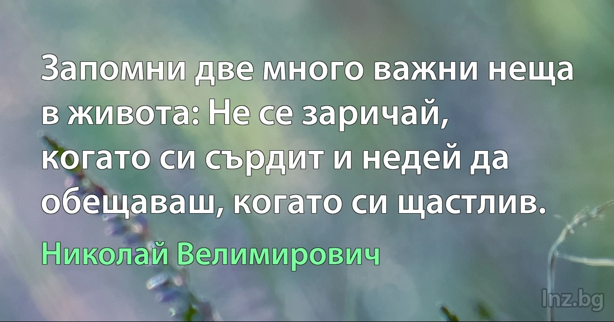 Запомни две много важни неща в живота: Не се заричай, когато си сърдит и недей да обещаваш, когато си щастлив. (Николай Велимирович)