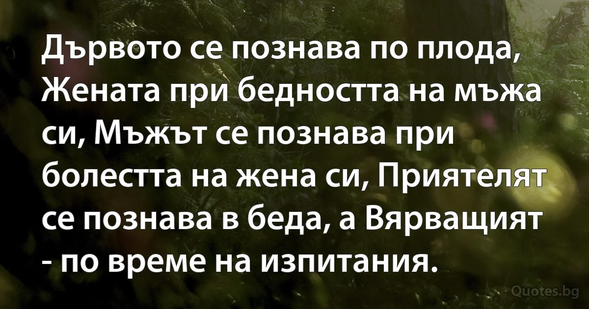 Дървото се познава по плода, Жената при бедността на мъжа си, Мъжът се познава при болестта на жена си, Приятелят се познава в беда, а Вярващият - по време на изпитания. (INZ BG)