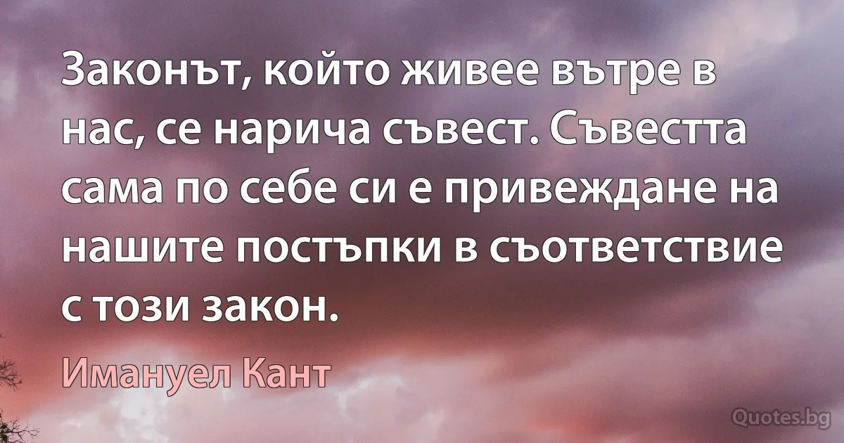 Законът, който живее вътре в нас, се нарича съвест. Съвестта сама по себе си е привеждане на нашите постъпки в съответствие с този закон. (Имануел Кант)