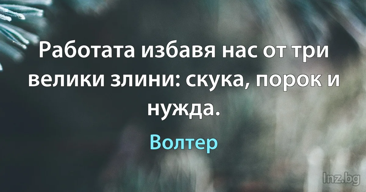 Работата избавя нас от три велики злини: скука, порок и нужда. (Волтер)