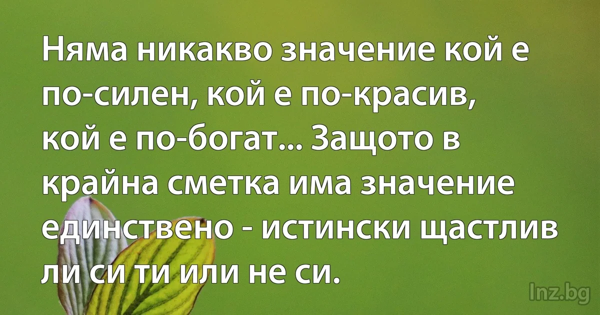 Няма никакво значение кой е по-силен, кой е по-красив, кой е по-богат... Защото в крайна сметка има значение единствено - истински щастлив ли си ти или не си. (INZ BG)