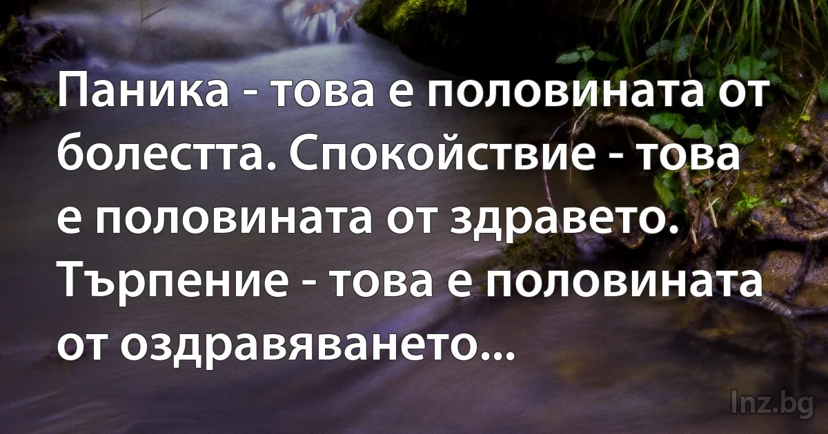 Паника - това е половината от болестта. Спокойствие - това е половината от здравето. Търпение - това е половината от оздравяването... (INZ BG)