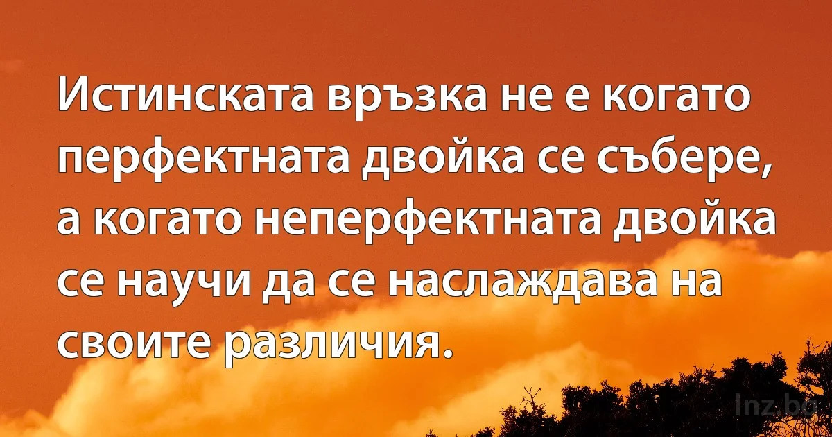 Истинската връзка не е когато перфектната двойка се събере, а когато неперфектната двойка се научи да се наслаждава на своите различия. (INZ BG)