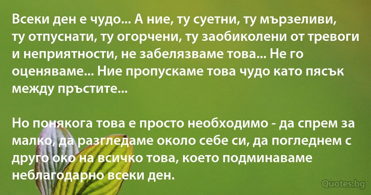 Всеки ден е чудо... А ние, ту суетни, ту мързеливи, ту отпуснати, ту огорчени, ту заобиколени от тревоги и неприятности, не забелязваме това... Не го оценяваме... Ние пропускаме това чудо като пясък между пръстите...

Но понякога това е просто необходимо - да спрем за малко, да разгледаме около себе си, да погледнем с друго око на всичко това, което подминаваме неблагодарно всеки ден. (INZ BG)
