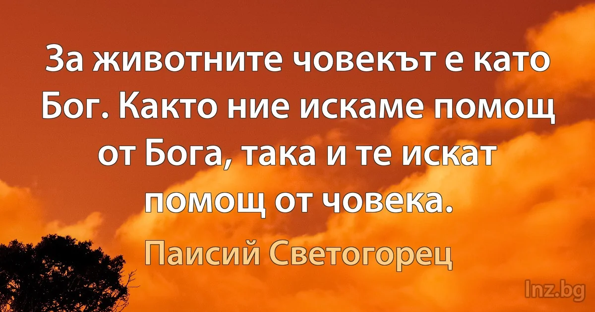 За животните човекът е като Бог. Както ние искаме помощ от Бога, така и те искат помощ от човека. (Паисий Светогорец)