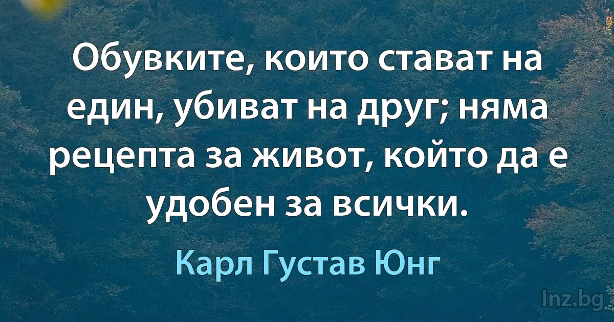 Обувките, които стават на един, убиват на друг; няма рецепта за живот, който да е удобен за всички. (Карл Густав Юнг)